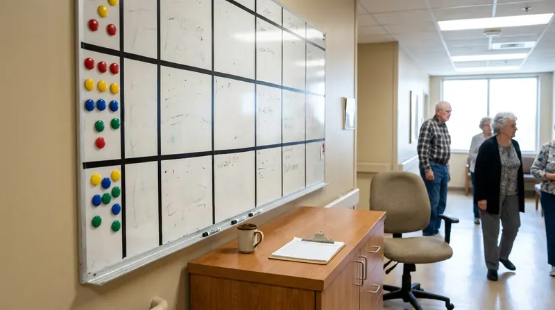 A large white dry-erase board on a hospital hallway wall with a grid of black tape and colored magnets, an empty rolling chair in front