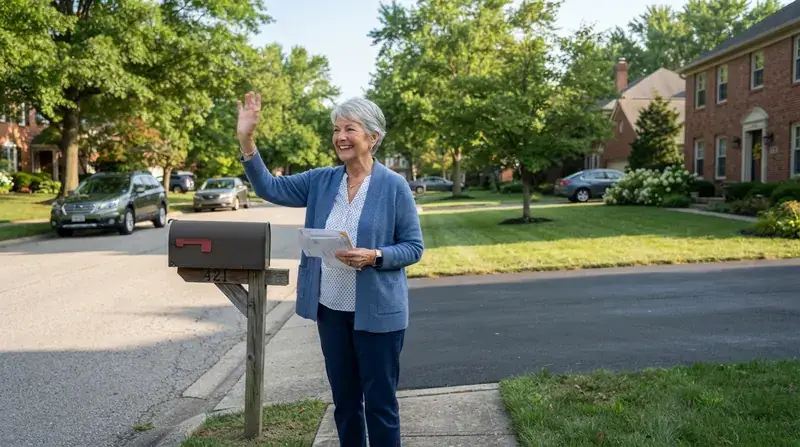 An older woman with short gray hair in a cardigan standing at a curbside mailbox waving across a sunny suburban driveway