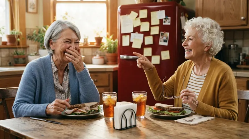 Two older women at a sunny kitchen table with sandwiches and iced tea, one holding reading glasses and pointing toward a refrigerator covered in sticky notes