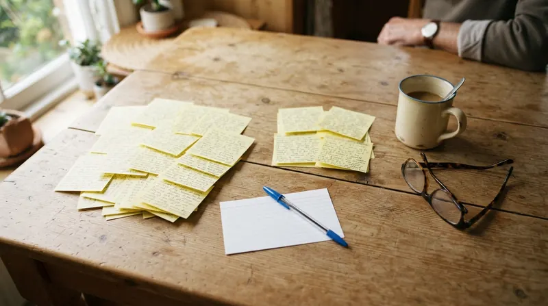 A kitchen table with yellow sticky notes sorted into two neat piles beside a blank ruled card and a pen