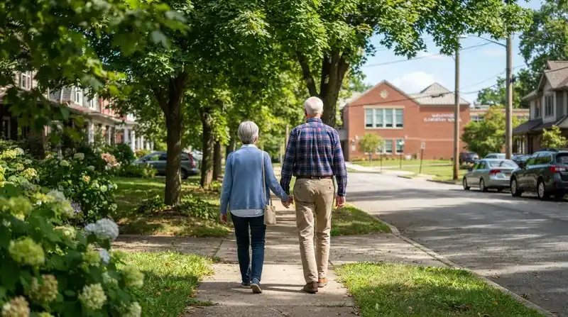 An older couple walking hand in hand on a tree-lined suburban sidewalk toward a school in the morning