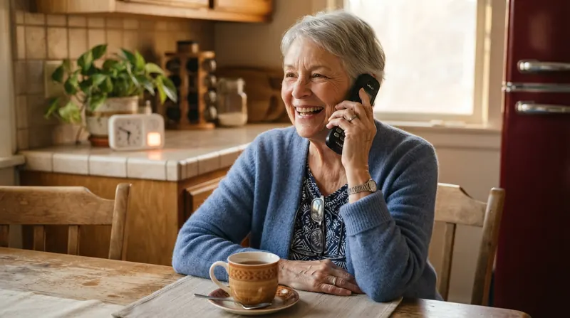 An older woman on a cordless phone at a kitchen table in the afternoon, smiling, a small desk clock with a glowing button on the counter behind