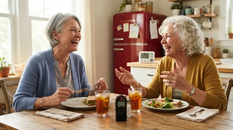 Two older women laughing at a kitchen table with lunch plates, a small audio recorder and a little white desk clock on the counter behind them