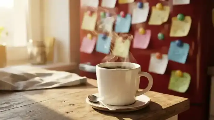 Steam rising from a white coffee mug on a kitchen counter in front of a red refrigerator door covered in sticky notes, slow zoom