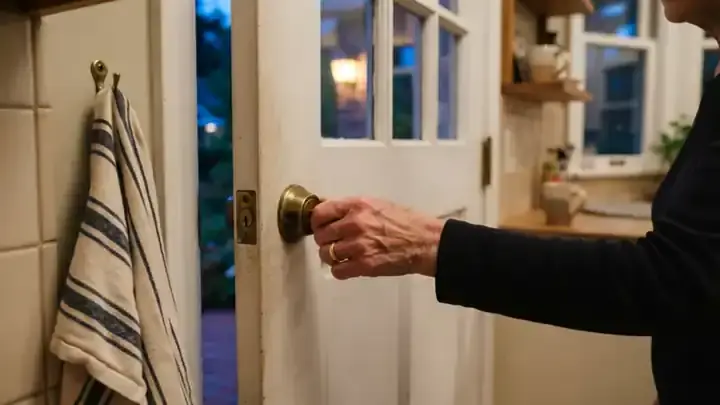 An older woman's hand turning the thumb lock of a back door at dusk, a porch light glowing outside, slow zoom