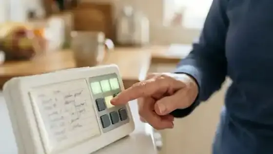An older woman's finger pressing a square button beside a handwritten card on a small white desk clock, the button glowing green