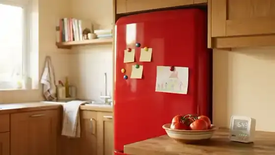 A cherry-red refrigerator door with only three yellow sticky notes left on it and a few round magnets, a kitchen counter below in afternoon sun