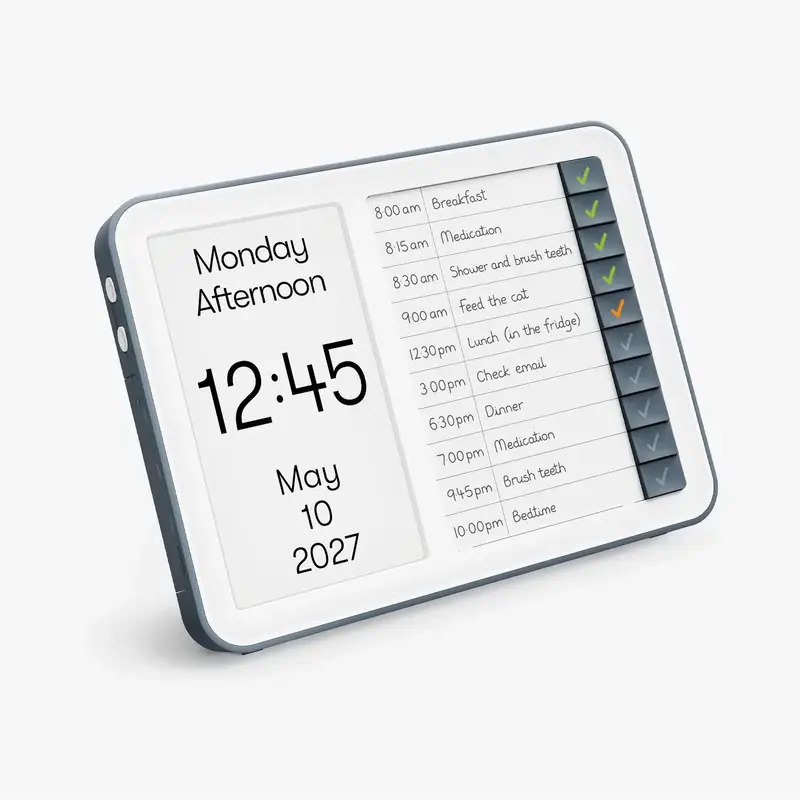 The Relish Day Hub reminder clock with its screen on the left and a handwritten task card with ten buttons on the right